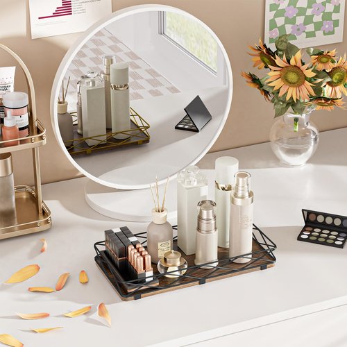 Lixple Toilet Paper Basket Holder, 13" Bathroom Tray Countertop, Wood and Metal Toilet Tank Tray Bathroom Vanity Organizer for Toiletry, Kitchen Sink Organizer for Soap Dispenser (Brown+Black)