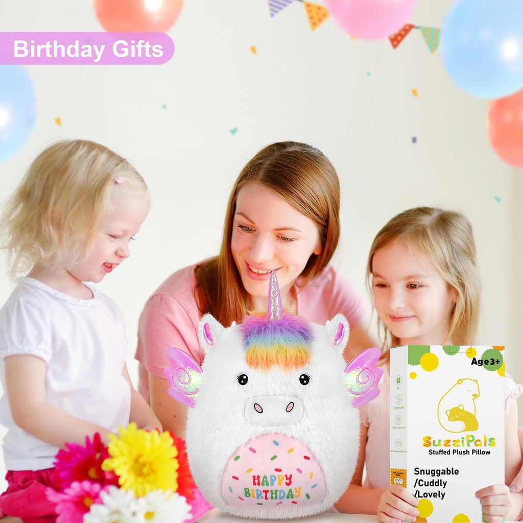 SuzziPals 17'' Happy Birthday Unicorn Plush Pillow, Soft & Squishy, White Unicorn Stuffed Animal for Cuddle, Plushie Room Decor, for Girls & Boys