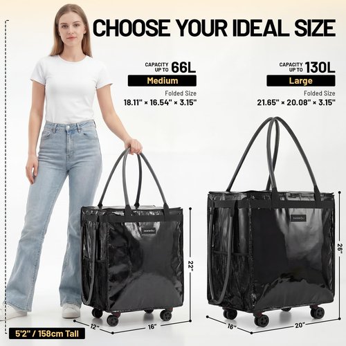 (Large) Fanwoli Reusable Grocery Bag On Wheels with Washable Liner | Wrinkle-Resistant Fabric | Enhanced Stability Wheels & Extended Handle | Foldable Shopping Trolley for Laundry, Carries Up to 130L