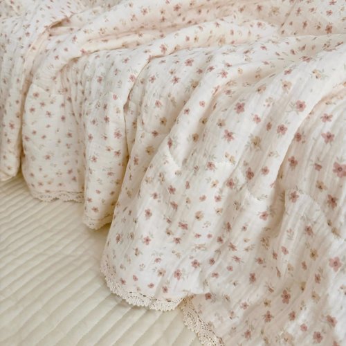 BuLuTu Cotton Muslin Toddler Quilt Blanket for Girls Boys Cute Pink Floral Toddler Quilts Soft Lightweight Crib Blankets Children Bed Blankets, Machine Washable, 47x59 Inches