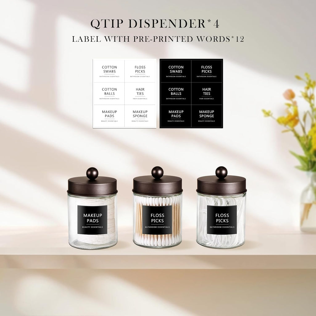 SheeChung Qtip Dispenser Holder Set - 4 Glass Apothecary Jars with Bronze Lids & Stickers | Bathroom Organizer
