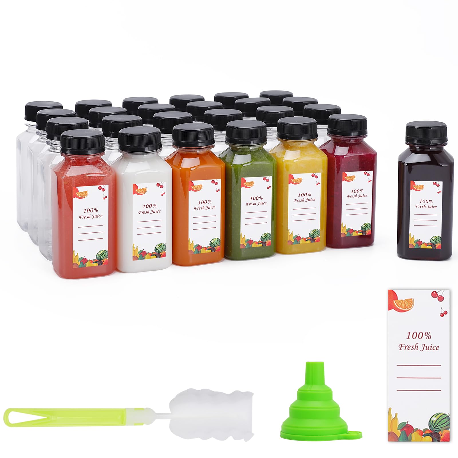 OBKJJ Plastic Juice Bottles 150 pcs 8 oz Empty Plastic Water Bottles with Caps Reusable Clear Beverage Containers for Drinking, Juicing, Smoothie, Water with 2 Brushes, 2 Funnels, 160 Stickers (8 OZ)