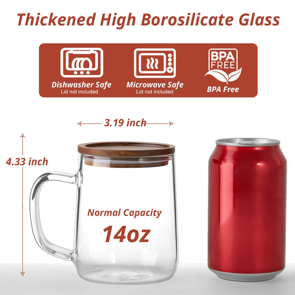CMLKLZD Glass Coffee Mugs, 14 oz Glass Coffee Cups with Acacia Wood Lids, Clear Borosilicate Glass Mugs with Handles for Cappuccino, Tea, Latte, Hot/Cold Beverages, Wine, Americano, Set of 2