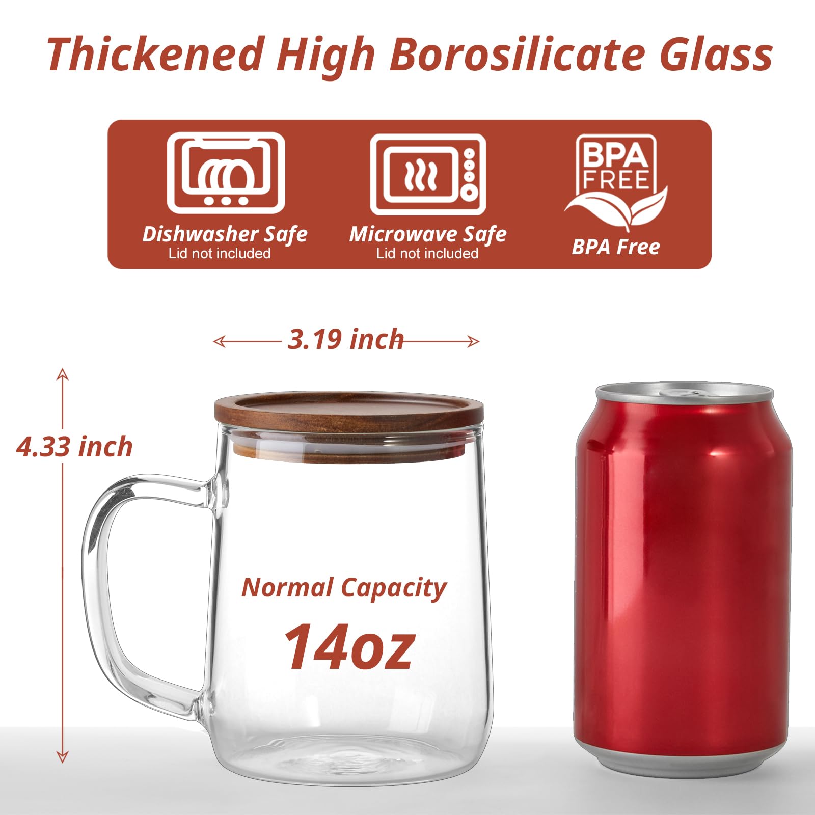 CMLKLZD Glass Coffee Mugs, 14 oz Glass Coffee Cups with Acacia Wood Lids, Clear Borosilicate Glass Mugs with Handles for Cappuccino, Tea, Latte, Hot/Cold Beverages, Wine, Americano, Set of 2