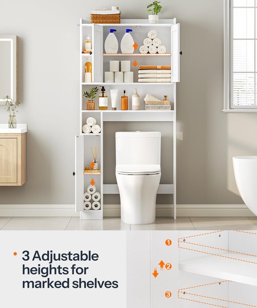 HOOBRO Over The Toilet Storage Cabinet, Farmhouse Over Toilet Bathroom Organizer with Doors and Adjustable Shelves, 31.5" L x 7.5" Wx 66.7" H, Space-Saving for Bathroom, Laundry, White WT80TS01N1