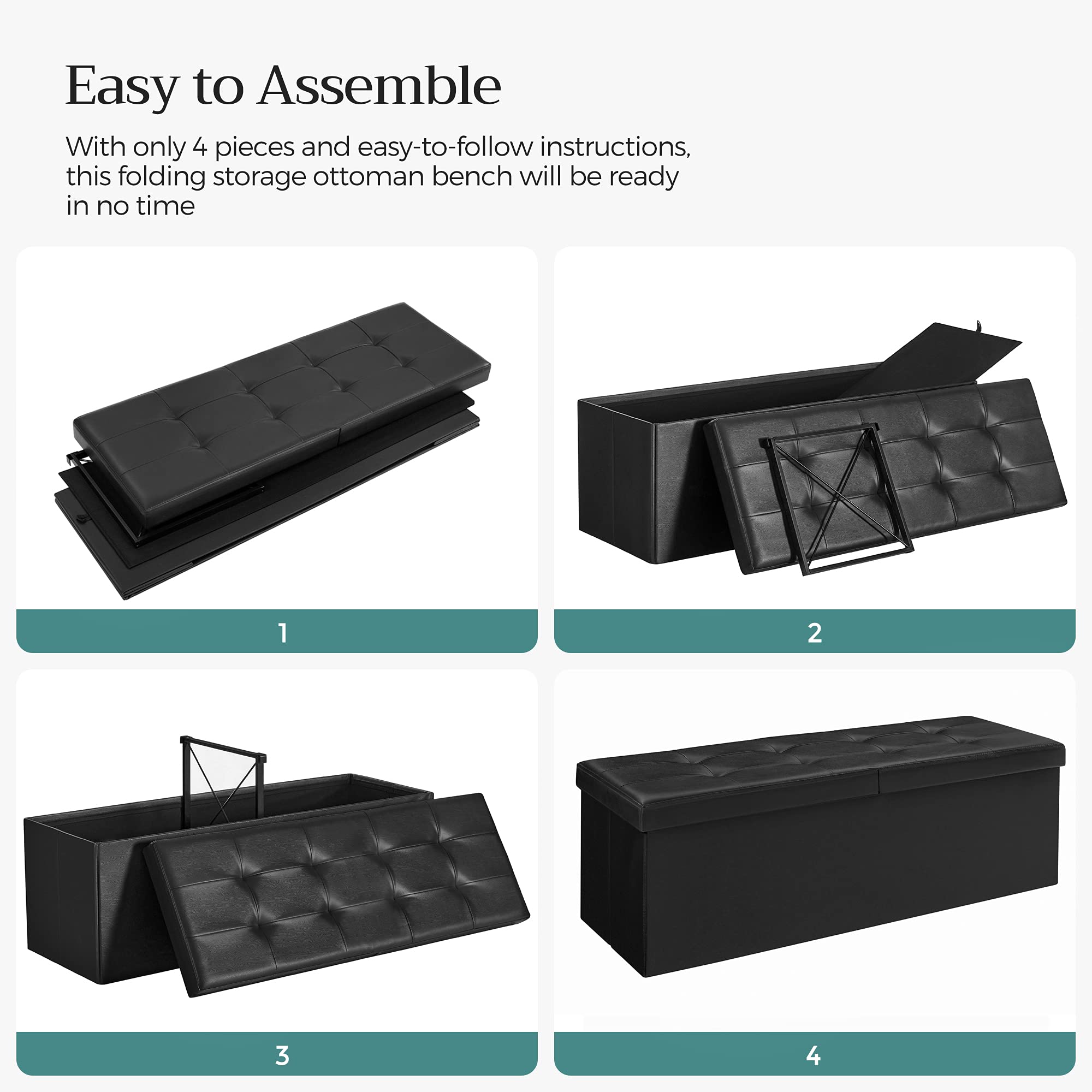 SONGMICS MAZIE Collection - 43 Inches Storage Ottoman Bench with Flipping Lid, Storage Chest with Iron Frame Support, Load 660 lb, for Living Room, Bedroom, Synthetic Leather, Black ULSF75BK