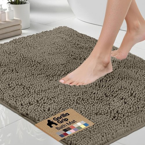 GORILLA GRIP Bath Rug Mat - Thick Soft Absorbent Chenille | Quick-Dry Microfiber, Rubber Backing, 24x17, Latte