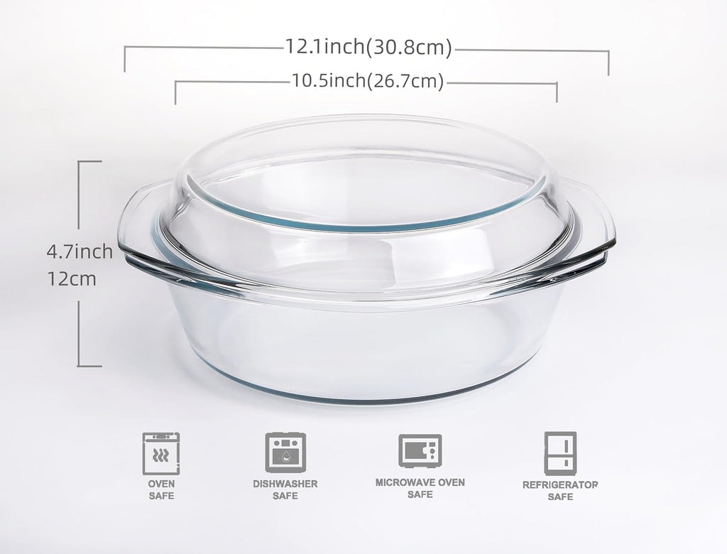 Skiennix Round Tempered Glass Casserole Dish - 3QT Oven, Freezer & Dishwasher Safe with Lid