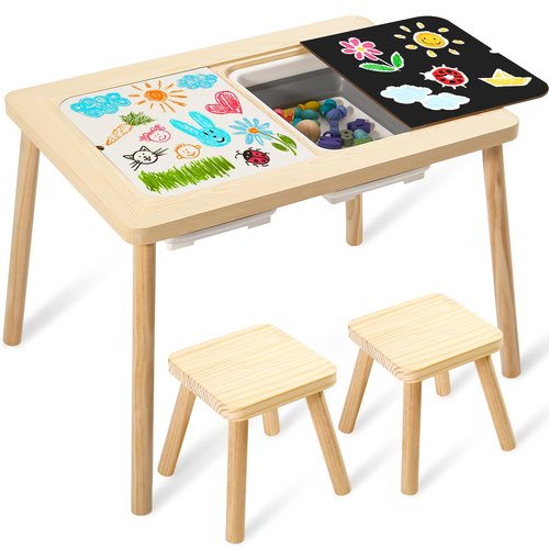 Purelax Children's Sensory Table with 2 Stool & 2 Storage Bin - Multifunction Toddler Play Sand & Art Table