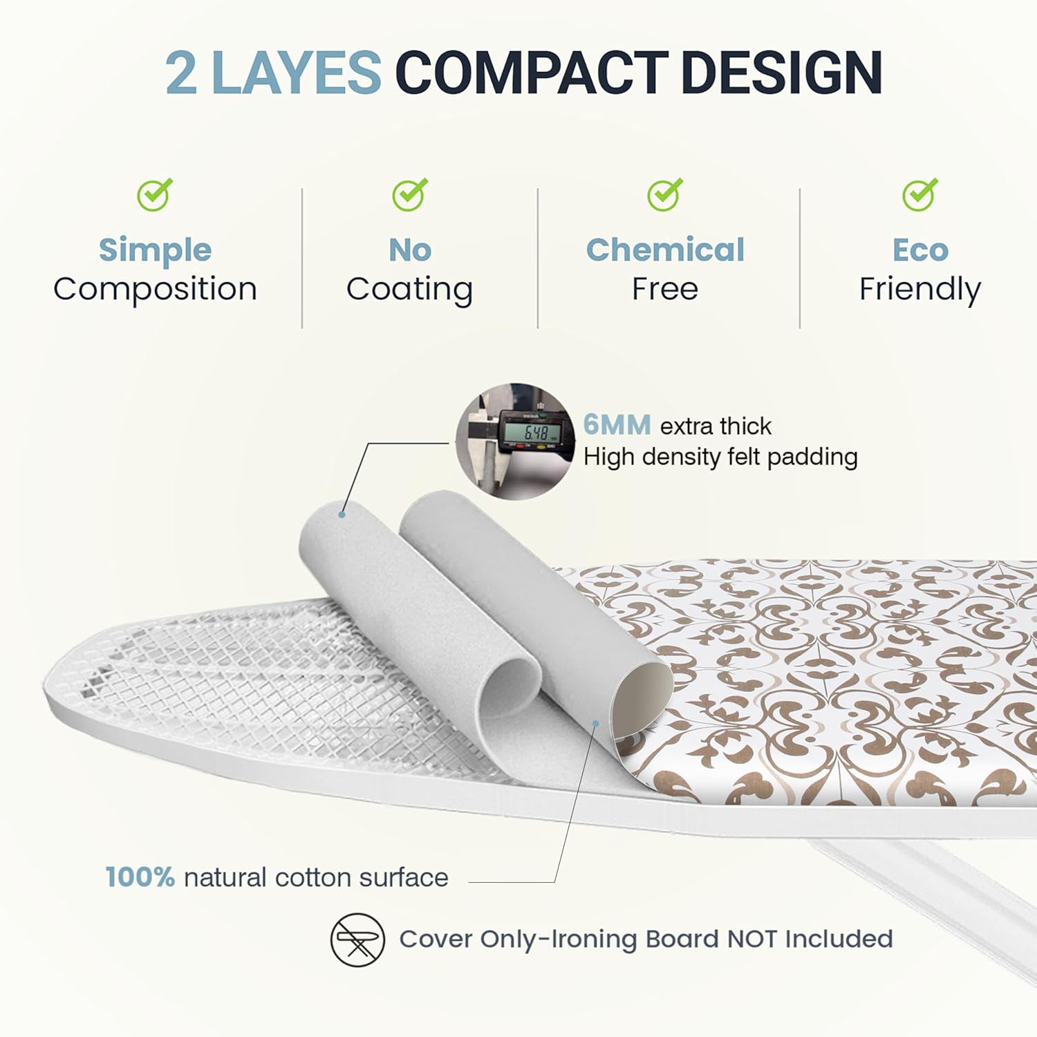 UniSimp Ironing Board Cover - Extra Thick Natural Cotton, Scorch & Stain Resistant | 18"x49", Taupe