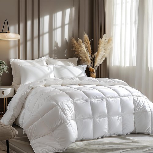 Luxurious Queen Size Goose Feather Down Fiber Comforter Duvet Insert,Fluffy Ultra-Soft 100% Cotton, Hotel Collection Comforter,56 oz Fill Weight, All Season Medium Warmth 90 x 90 Inch White Solid