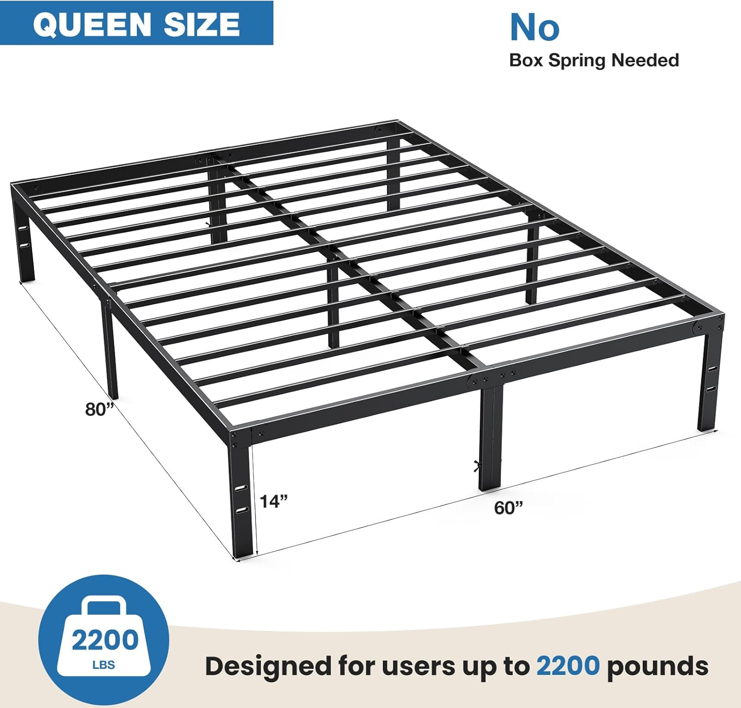 OLIXIS Metal Queen Bed Frame - 14" High with Storage Space & Sturdy Steel Support | Easy Assembly, Black