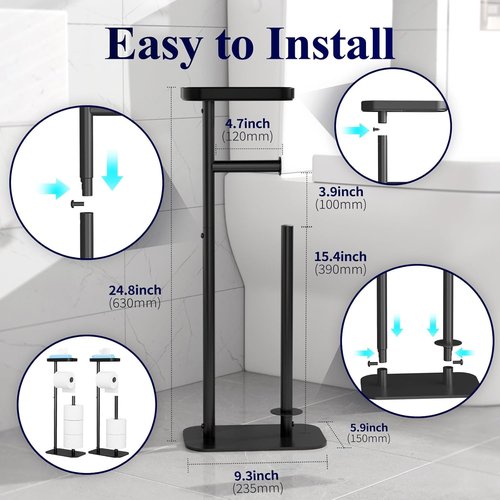Kitsure Free Standing Toilet Paper Holder - Rustproof Metal Stand for 4 Rolls with Anti-Slip Base & Shelf, Black | 2-Pack