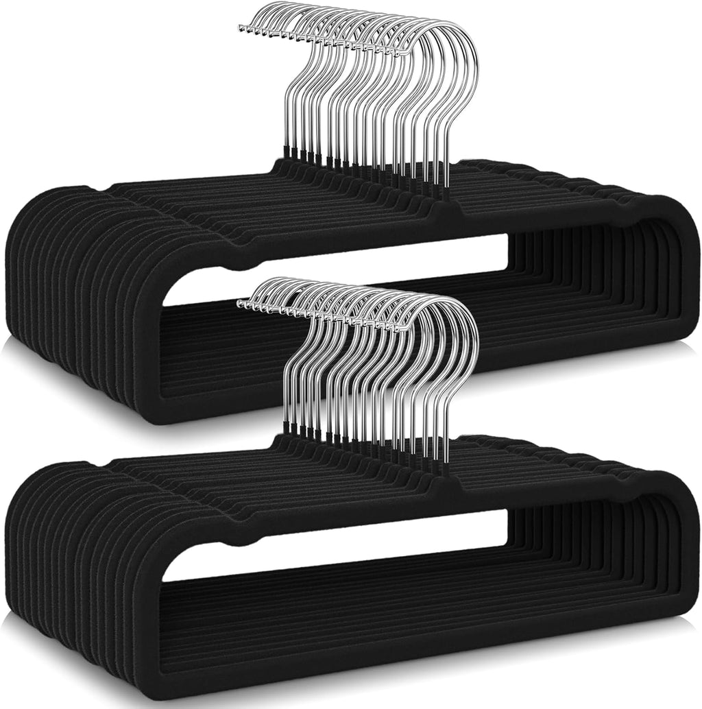 Skiennix 50 Pack Black Velvet Hangers - Non-Slip, Space-Saving Design with 360° Swivel Hook for Pants & Skirts