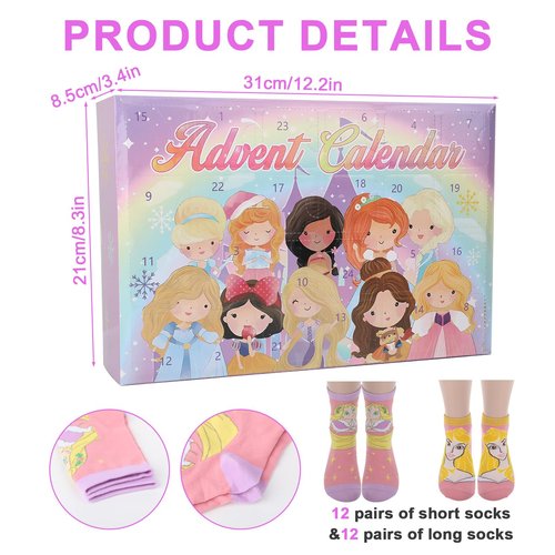 Boruub Socks Advent Calendar 2025 for Girls - 24 Pairs Soft Knit Movie Princess Socks for Christmas Countdown Calendar, Princess Gifts for Teens Women Christmas Xmas Holiday