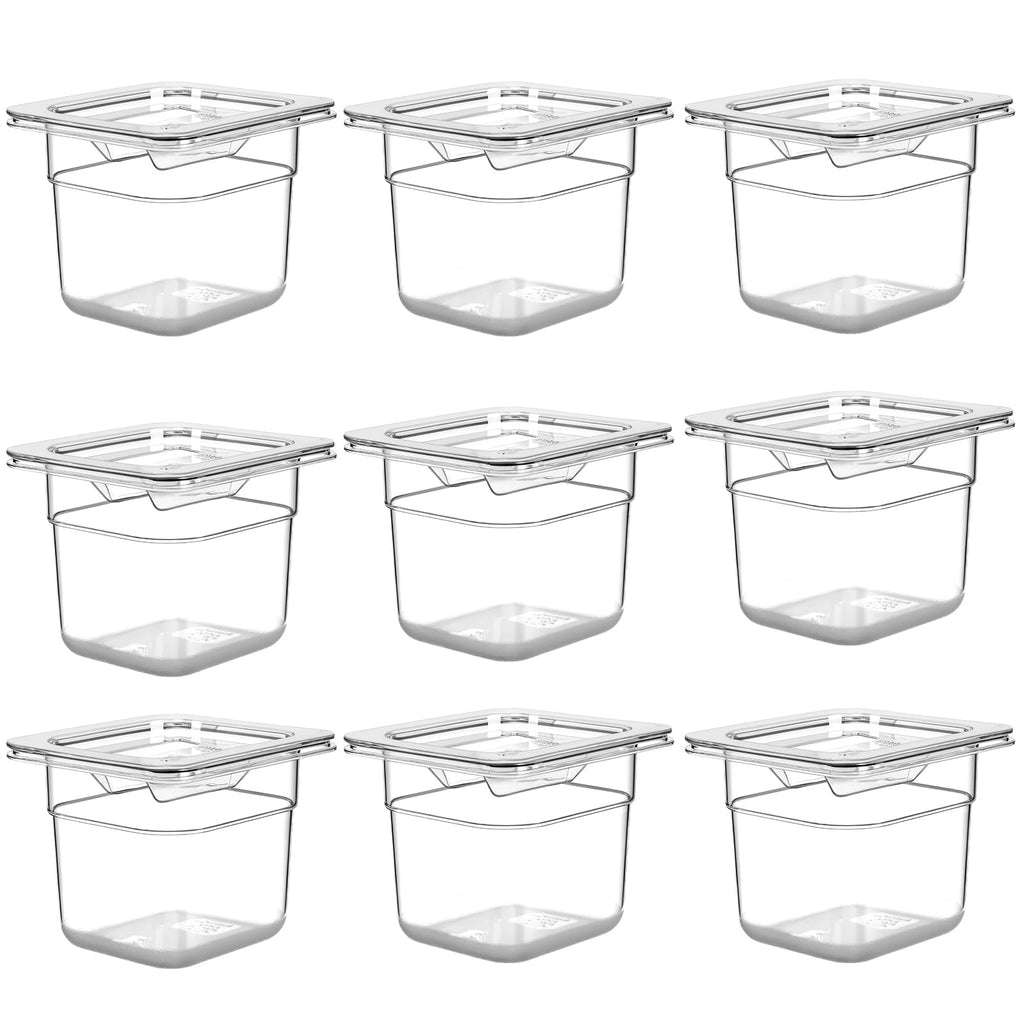 West Bay 9-Pack 1/6 Size 4''Deep NSF Polycarbonate Food Pans with Lids, Clear Commercial Hotel Pans, Food Storage Containers for Restaurant, Food Prep, Buffet, Salad Bar, Home Kitchen & Catering