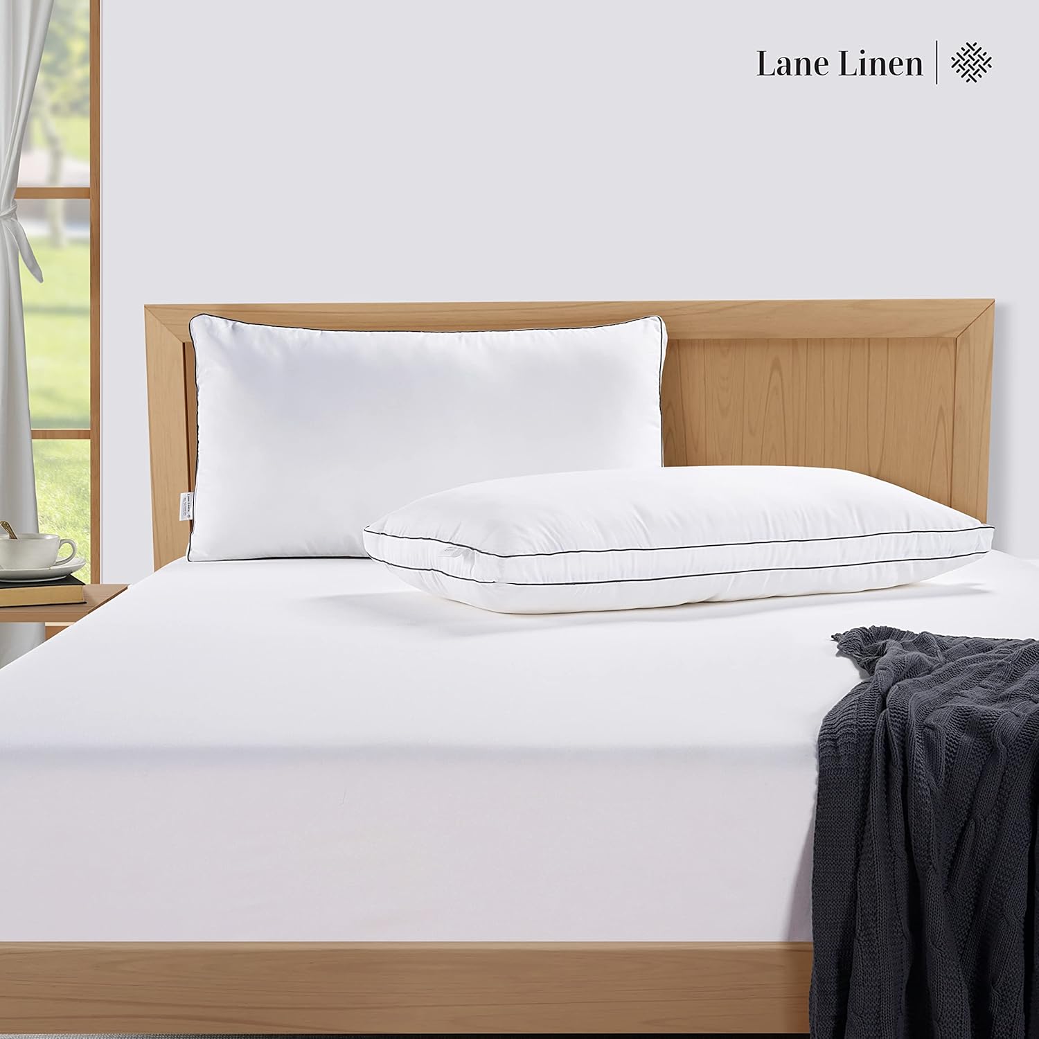 **LANE LINEN Standard Size Bed Pillows - Set of 2 Medium Soft Gusseted Down Alternative | Comfortable & Machine Washable - White**