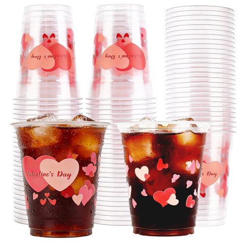 DEALIGHT 50 Pcs 12oz Valentine's Day Plastic Cups Clear Disposable Cups with Pink Hearts | Valentine Party Cups, Galentine's, Party Supplies, Bulk Drinkware