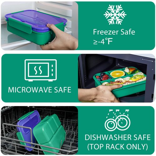 Caperci Bento Box for Kids - 50oz Larger Lunch Box Containers for Kids, Reinforced Leakproof, Built-in Sauce Cup, Utensils, 4 Compartments, BPA-Free Microwave & Dishwasher Safe (Navy/Green)