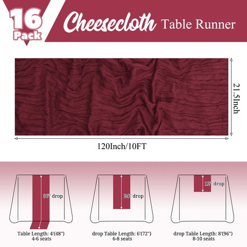 16 Pack Burgundy Table Runners 10FT Cheesecloth Table Runner Boho Gauze Table Runner Long Rustic Sheer Fabric Table Runners for Wedding Party Bridal Shower Farmhouse & Home Decor
