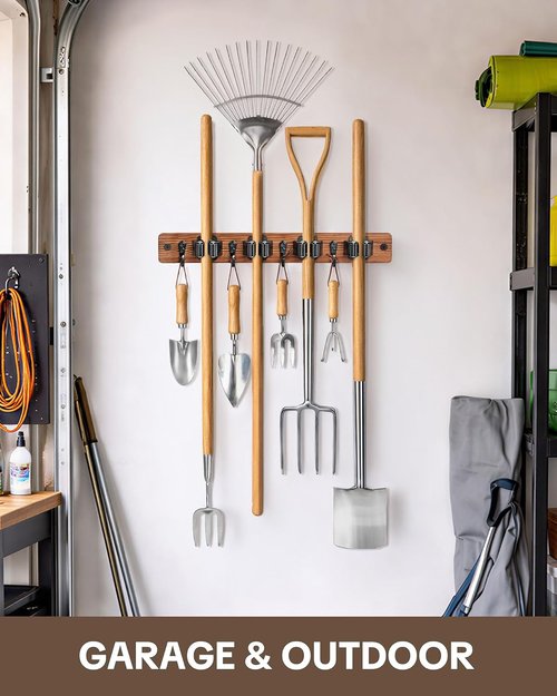 Lorbro Broom Holder Wall Mount - 2 Pack Wooden Mop Organizer with 4 Slots & Hooks for Garage, Kitchen, Laundry Room