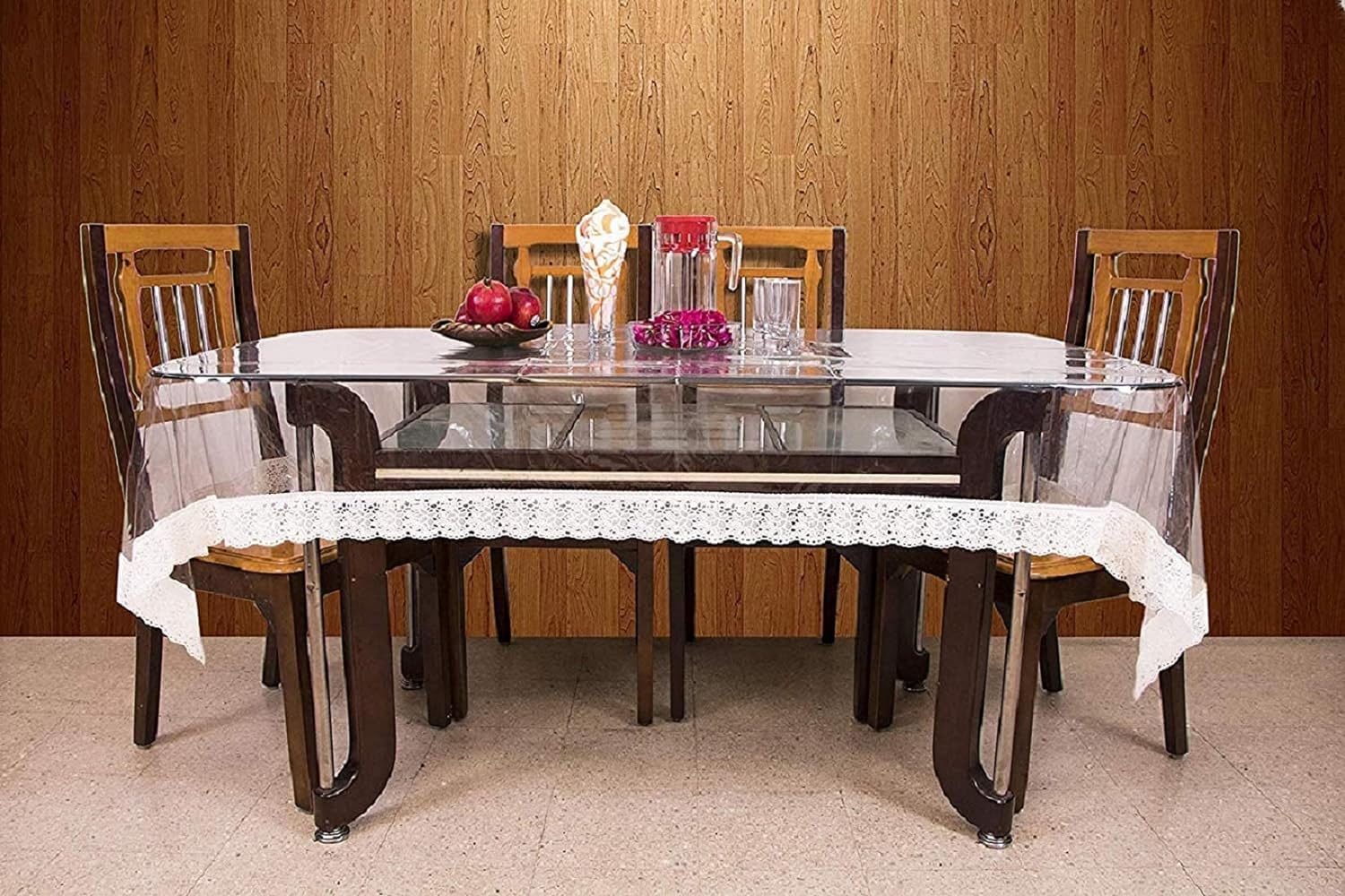 SNDecor Indoor Outdoor Heavy Duty Premium Crystal Clear Vinyl Tablecloth, Waterproof Wipeable Plastic Protector Cover for Tables (White Lace, 70" x 120")