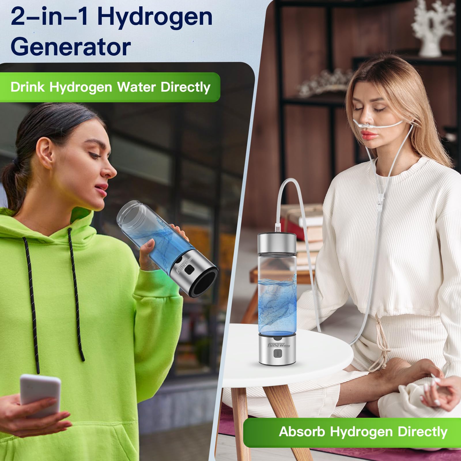 Hydrogen Water Bottle Generator, 2500ppb Portable Water Ionizer Machine with SPE/PEM Technology in 3-Minute Electrolysis, Rechargeable Hydrogen Rich Glass Cup for Home Office Travel & Fitness