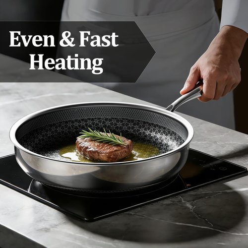 KURRUNGIE Hybrid Non Stick Frying Pans, 10-inch Stainless Steel Frying Pans with Tempered Glass Lid, 5 Ply Induction Cookware, Dishwasher-Friendly, Oven-Safe Up to 800°F, Compatible with All Cooktops