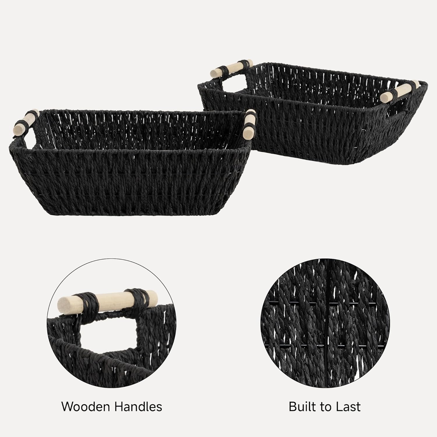StorageWorks Large Wicker Storage Basket - Organize with Wooden Handles | Black, 2-Pack