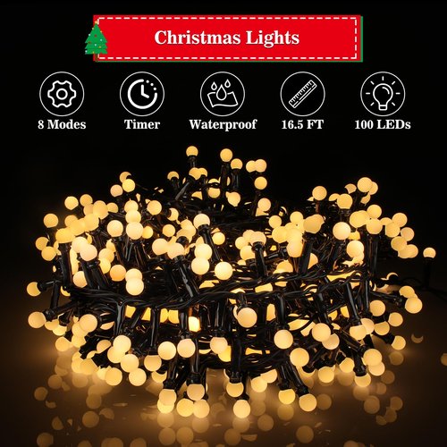 TGXCF 16Ft 100LEDs Christmas Lights Battery-Powered,Mimi Globe Lights 8 Modes,Indoor Outdoor Cluster String Lights for Bedroom Party Wedding Garden Christmas Tree Deco(Warm White)