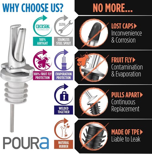 3-in-1 Liquor Bottle Pour Spouts with Built-in Fruit Fly Protection - BPA Free & Dishwasher Safe Hygienic Alcohol Pour Spouts - Also for Olive Oil - Silver 2 Pack with 2 Adapters for Large Bottles