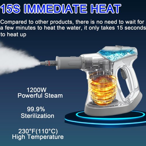 Handheld Steam Cleaner, 10S Immediate Heat Hand Held Steam Cleaner for Home, with Visualized Large Water Tank & 9 PCS Accessories & Safety Lock, for Window,Car,Kitchen,Couch,Floor (WHITE+GRAY)