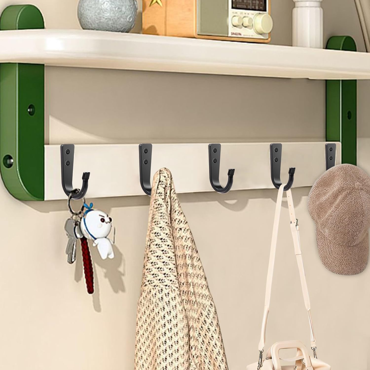 WODEGIFT Heavy Duty Wall Hooks - 5 Large Size Coat Hooks for Pans, Backpacks & Garage Items | Black