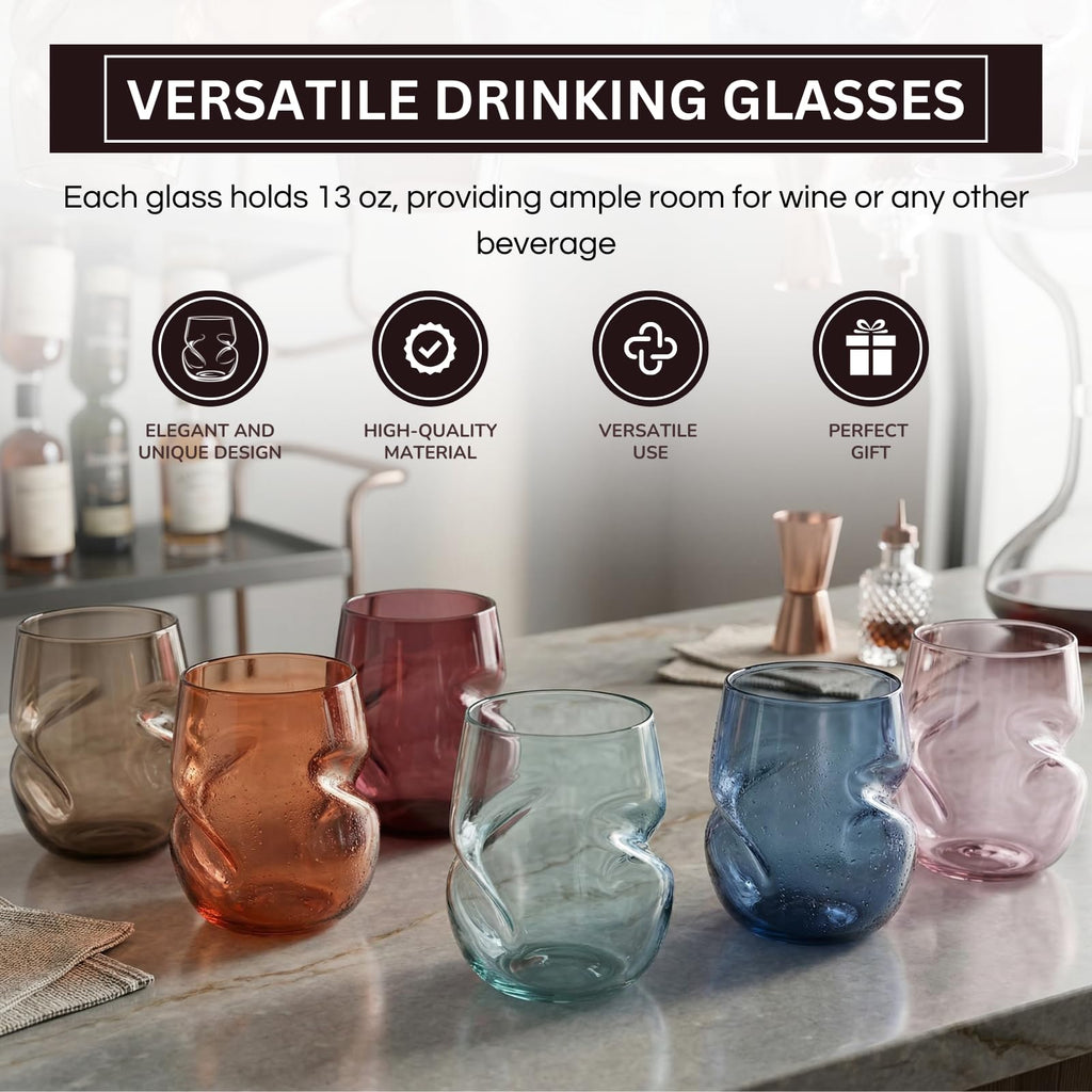 Khen Unbreakable Aerating Stemless Wine Glasses - European Tritan Plastic Wine Glass Set with Finger Indentations - Set of 6-13 oz - Acrylic Reusable, BPA Free, Naturally Aerates Wines