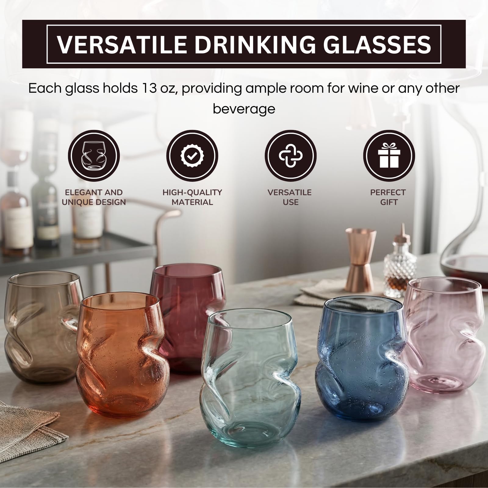 Khen Unbreakable Aerating Stemless Wine Glasses - European Tritan Plastic Wine Glass Set with Finger Indentations - Set of 6-13 oz - Acrylic Reusable, BPA Free, Naturally Aerates Wines