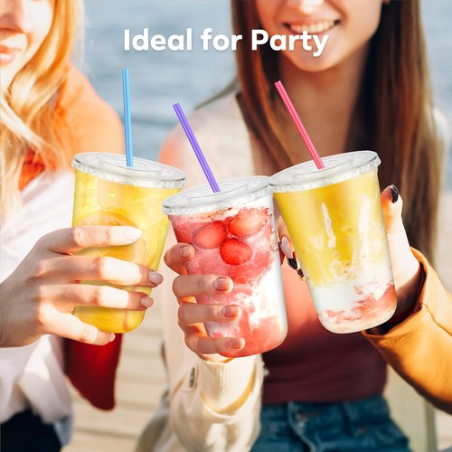 Etersky 50PCS 16 oz Clear Plastic Cups with Lids and Colorful Straws, Round Bottom Disposable To Go Coffee Smoothie Juice Bubble Tea Cups, PET Party Cups for Holiday, Birthdays, Picnics, Christmas