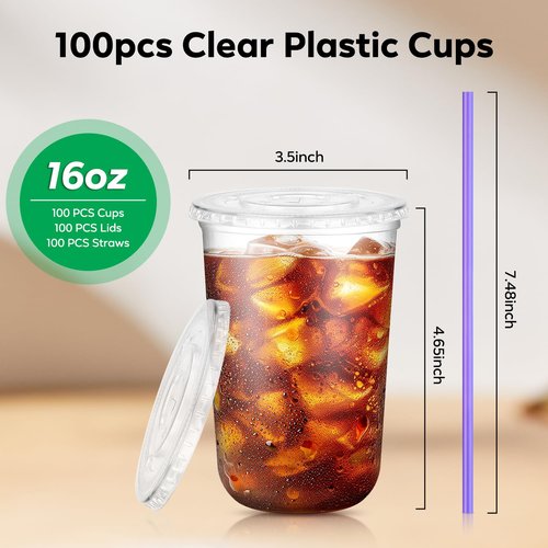 Etersky 50PCS 16 oz Clear Plastic Cups with Lids and Colorful Straws, Round Bottom Disposable To Go Coffee Smoothie Juice Bubble Tea Cups, PET Party Cups for Holiday, Birthdays, Picnics, Christmas