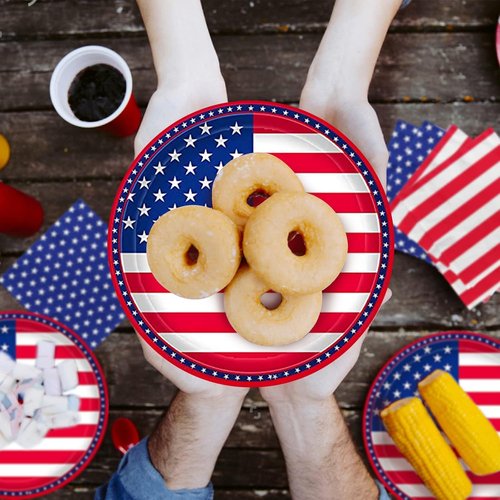 Gatherfun American Flag Party Supplies - Disposable Napkins & Plates for 4th of July | Serves 50