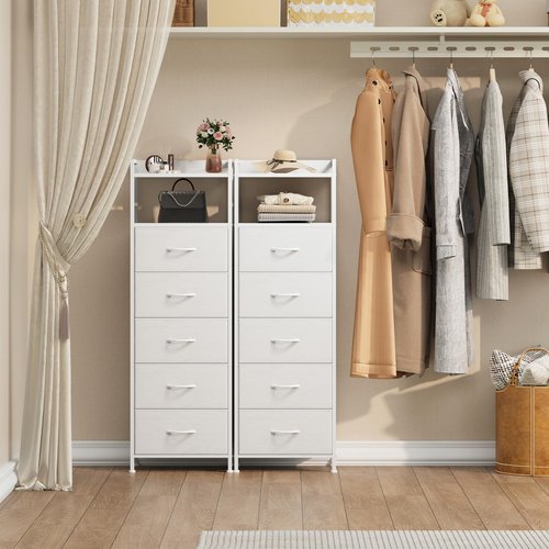 Somdot Tall Dresser for Bedroom, 5 Drawers Nightstand Vertical Storage Tower Unit, Night Stand Furniture with Fabric Drawer Organizer in Bedside Hallway, Entryway, Kids Room, Closet, White Leather
