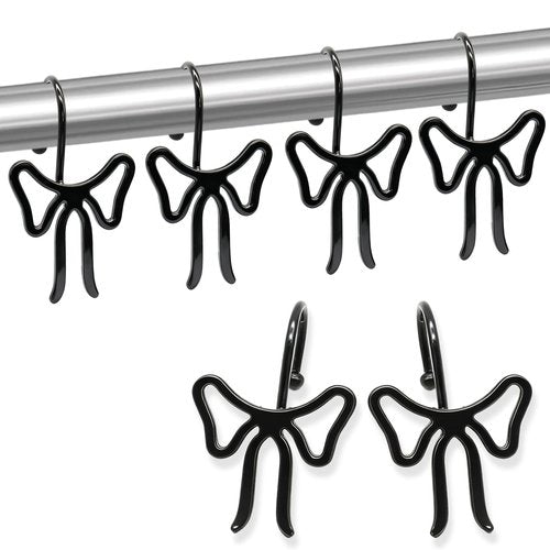 Big Bow Decorative Shower Curtain Hooks, Bowknot Shower Curtain Rings, Fashion Bow Shower Curtain Hangers, 12PCS Stylish Shower Hooks for Shower Curtain, Bathroom, Bedroom, Home Decor (Black)