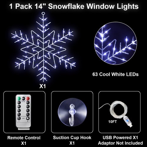 Christmas Snowflake Window Lights Decorations, 14" 63 LED 8 Lighting Modes Cool White Snowflake Light with Remote Control Timer, USB Powered Christmas Silhouette Window Lights for Home Xmas Decor