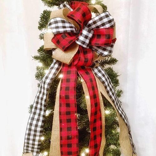 Buffalo Plaid Christmas Tree Topper by [Brand Name] - Handmade Red & Black Burlap Bow | 13 x 29 Inch Holiday Decoration