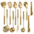 304 Stainlss Steel Matte Kitchen Utensils Set, 11 Pcs Long Metal Cooking Utensil Gadgets Tools Set with Spatula, Spoon, Ladle, Skimmer, Tunner, Pasta Server, Tongs(Gold, Dishwasher Safe)