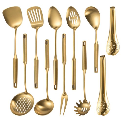 304 Stainlss Steel Matte Kitchen Utensils Set, 11 Pcs Long Metal Cooking Utensil Gadgets Tools Set with Spatula, Spoon, Ladle, Skimmer, Tunner, Pasta Server, Tongs(Gold, Dishwasher Safe)