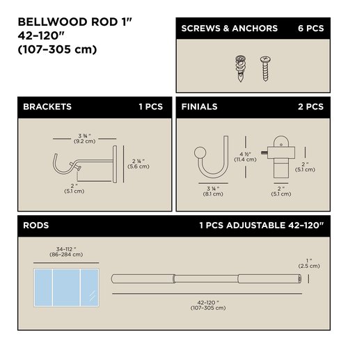 Umbra Bellwood Curtain Rod for Window Drapery, Adjustable Length 42" to 120", Set Includes Finials and Mounting Hardware, Black