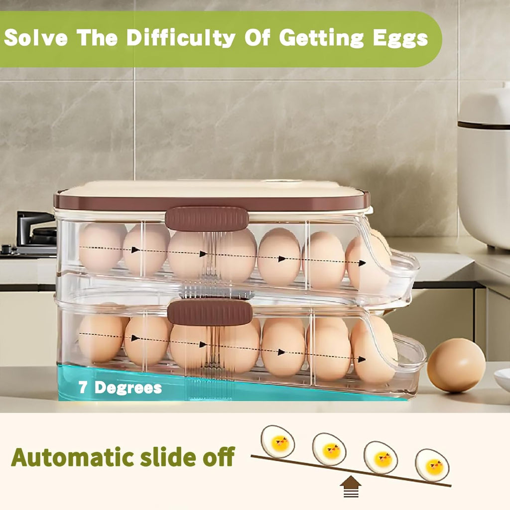 Skiennix Egg Holder - Automatic Rolling Egg Dispenser with Lid & Handle - Stackable Organizer for Fridge & Pantry