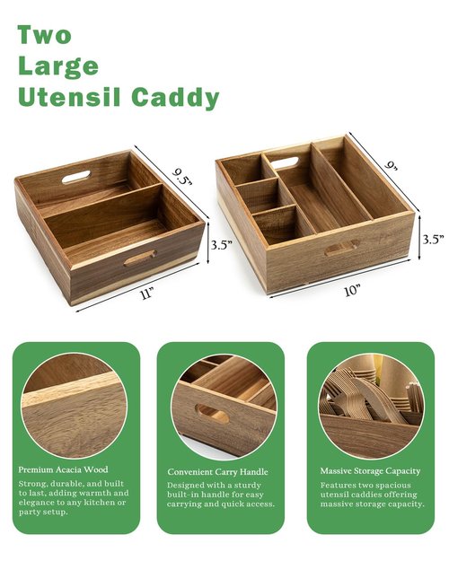 Acacia Wood Utensil Holder for Party (Set of 2) - 11" x 9.5" Utensil Caddy for Parties & Silverware Caddy for Countertop - Holds Plates, Napkins, Cups, Spoons, Forks - Kitchen Accessories
