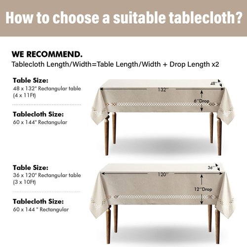 MIULEE Beige Rectangle Linen Polyester Tablecloth with Decorative Cutouts Spring Waterproof Stain Resistant & Shrink-Proof Table Cloth 60x144 inch Farmhouse Style for Dining Wedding and Outdoor