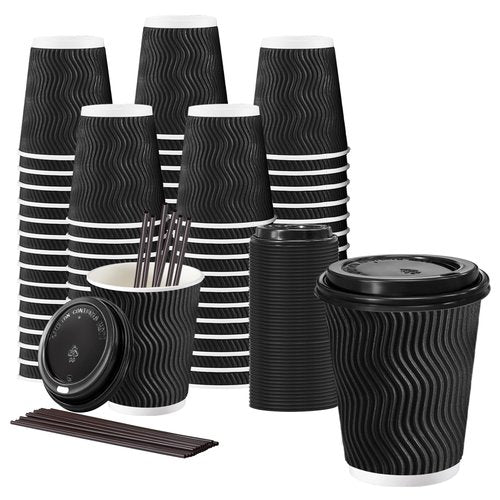 Lamosi 10 oz Disposable Coffee Cups with Lids, 50 Pack Insulated Hot Cups To Go Paper Coffee Cups with Lids and Straws, Corrugated Ripple Wall Cup for Hot Drink, Office, Coffee Bar (Black)