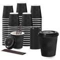 Lamosi 10 oz Disposable Coffee Cups with Lids, 50 Pack Insulated Hot Cups To Go Paper Coffee Cups with Lids and Straws, Corrugated Ripple Wall Cup for Hot Drink, Office, Coffee Bar (Black)